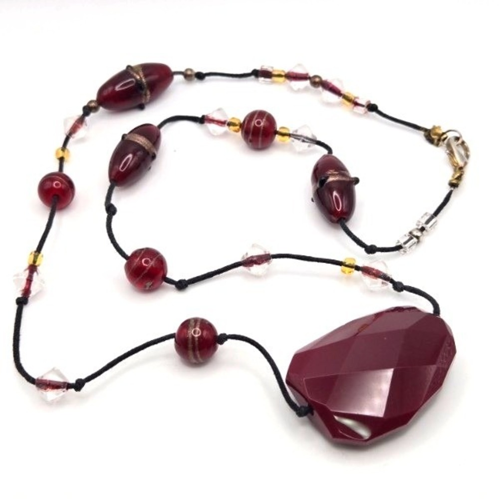 Red Chunky Glass Pendant Bicone and Art Glass Beaded Black Cord Necklace